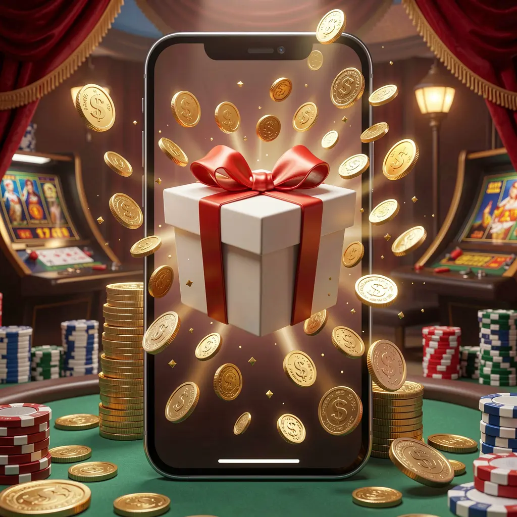 3E333 mobile casino bonus app concept showing a phone screen with a gift box and coins bursting out in a festive casino atmosphere