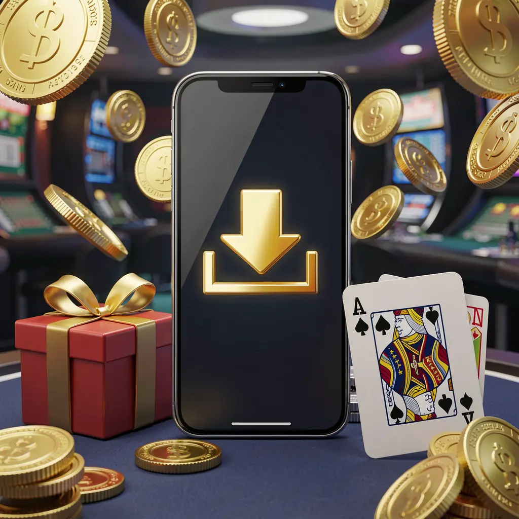 3E333 casino app download concept showing a smartphone with a download icon surrounded by golden coins, a gift box, and playing cards in a modern mobile gaming atmosphere