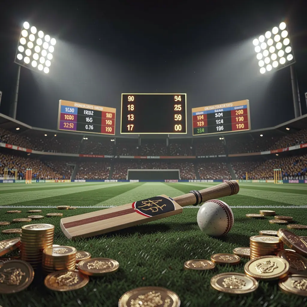 3E333 cricket betting page hero banner featuring a cricket stadium at night with bright floodlights, a cricket bat and ball on a green pitch, glowing odds panels, and golden coins in a premium dark cinematic 3D render atmosphere