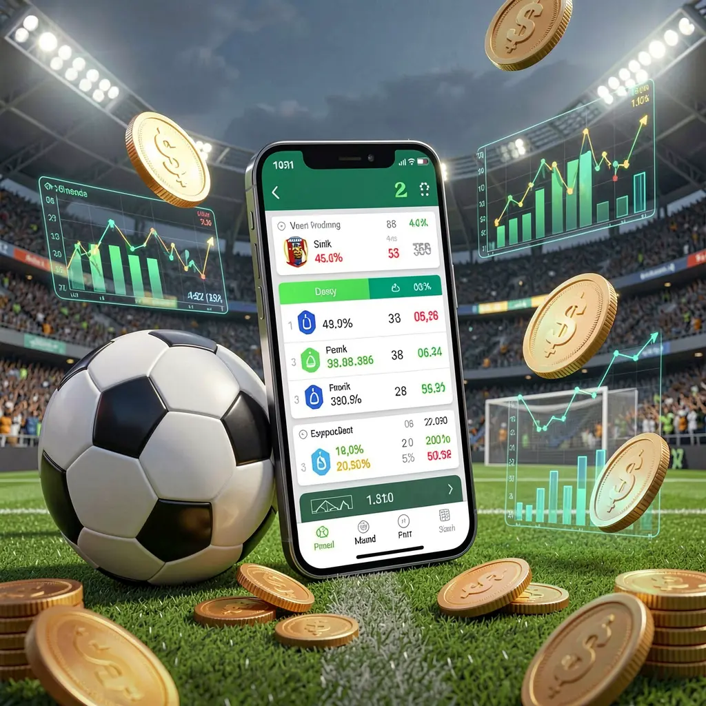 3E333 football prediction betting scene featuring a smartphone displaying match statistics, a soccer ball, coins, and glowing data charts floating around in a modern stadium background