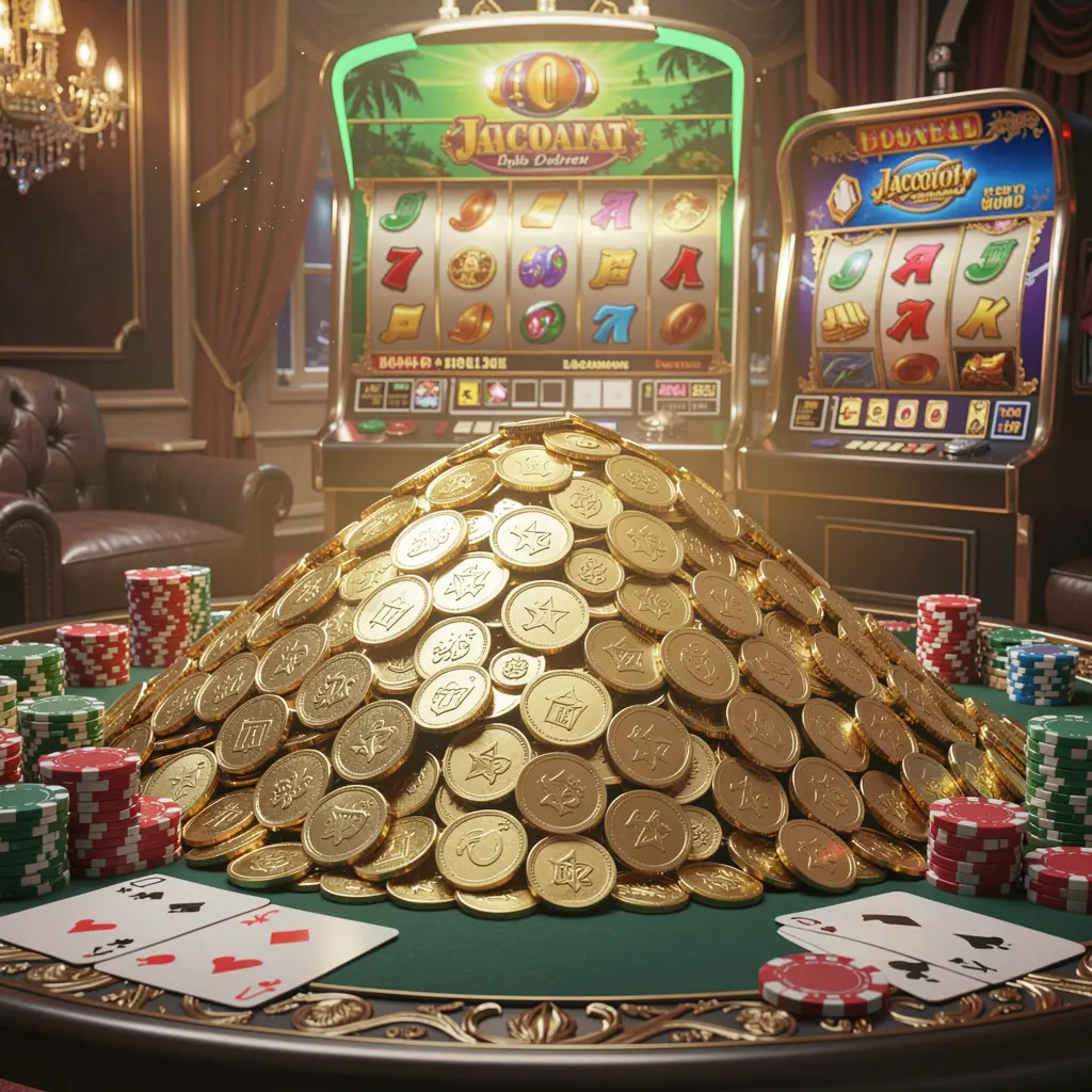 3E333 online casino jackpot bonus scene with a massive pile of golden coins, slot machine in the background, glowing jackpot lights, poker chips and playing cards on a luxury table under dramatic cinematic lighting