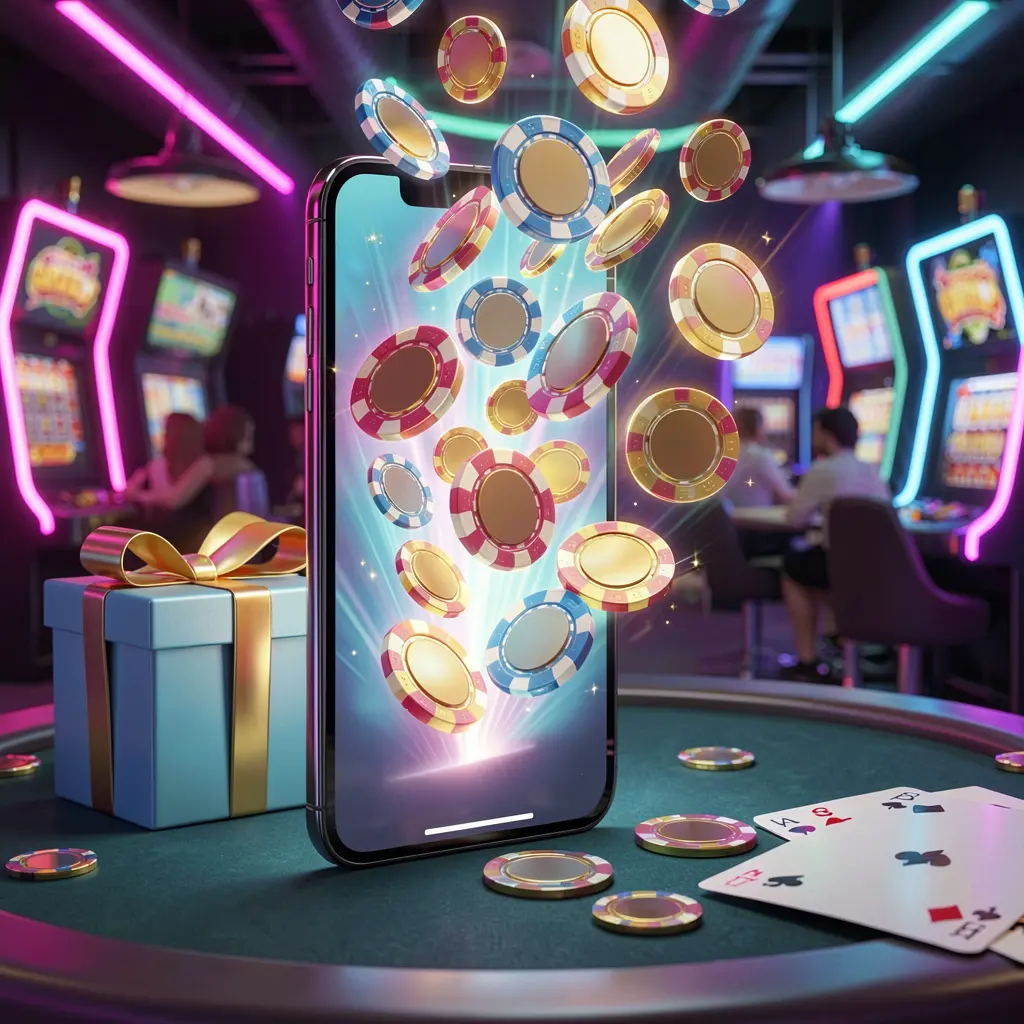 3E333 mobile casino bonus scene with a modern smartphone displaying glowing casino chips and coins emerging from the screen, surrounded by a gift box and playing cards in a bright neon casino atmosphere
