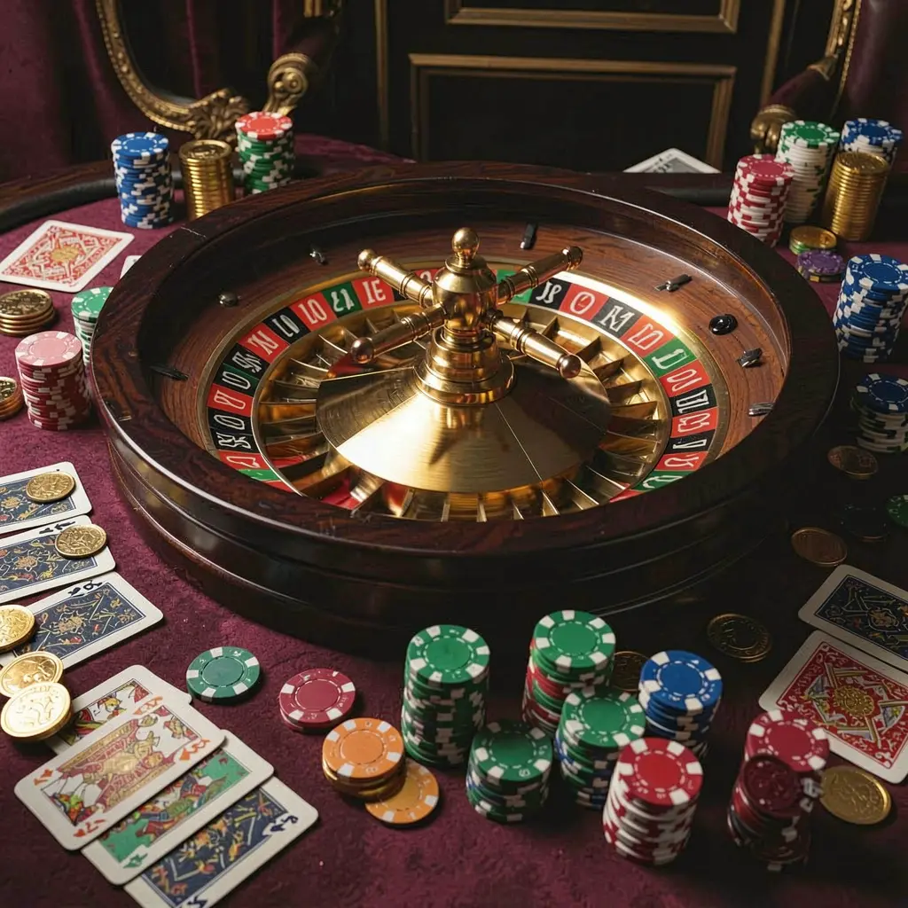 3E333 classic casino scene featuring a spinning roulette wheel, scattered chips, playing cards, and coins on a table with an elegant dark background and cinematic lighting