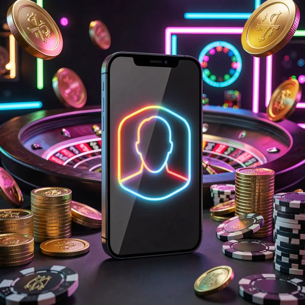 3E333 online casino login screen featuring a modern phone with glowing profile icon, roulette lights in the background, golden coins and poker chips in a premium dark neon atmosphere