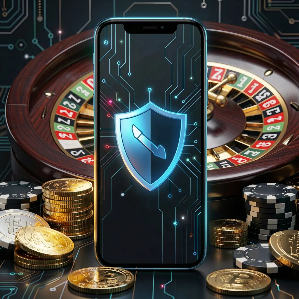 3E333 secure mobile casino access showing a phone screen with shield icon, roulette wheel, poker chips, and golden coins in a dark cyber luxury atmosphere
