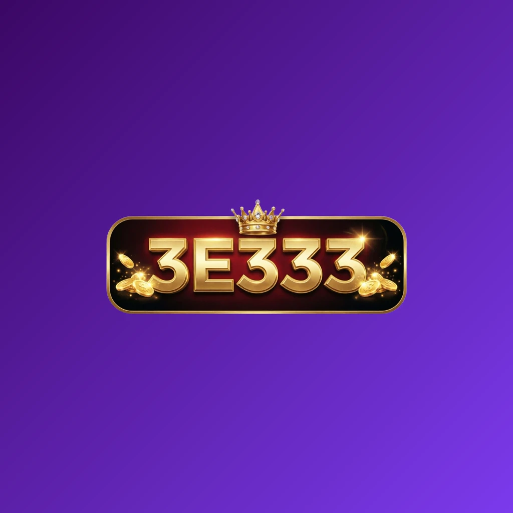 3E333 casino-style logo with golden letters, a crown element, and sparkling coins, creating a luxury gaming atmosphere on a transparent background