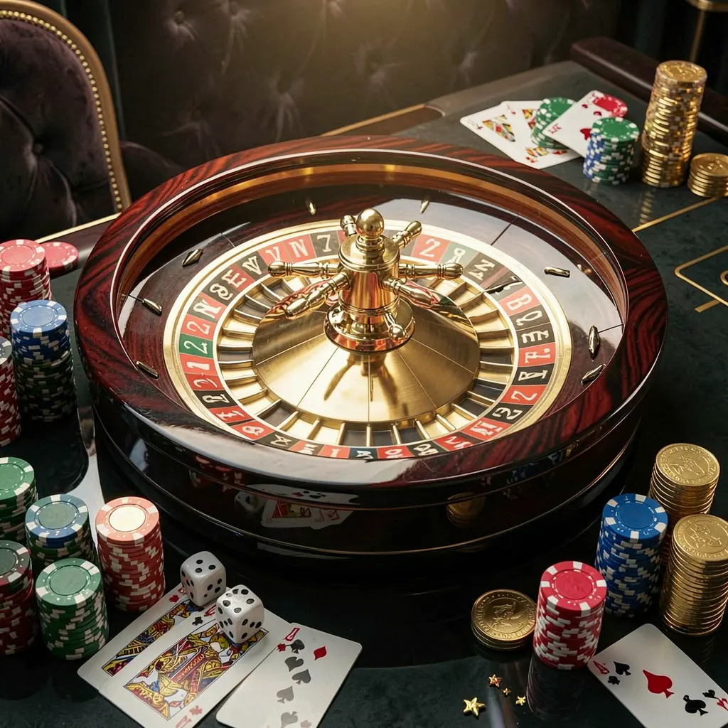 Premium casino homepage scene featuring a roulette wheel spinning on a glossy table with poker chips, dice, cards, and golden coins, set against an elegant dark background with cinematic lighting, showcasing 3E333 brand ambiance